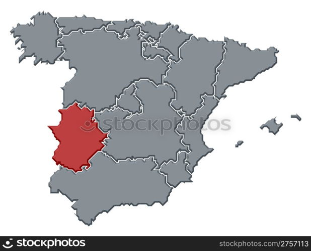 Map of Spain, Extremadura highlighted. Political map of Spain with the several regions where Extremadura is highlighted.