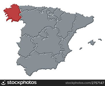 Map of Spain, Galicia highlighted. Political map of Spain with the several regions where Galicia is highlighted.