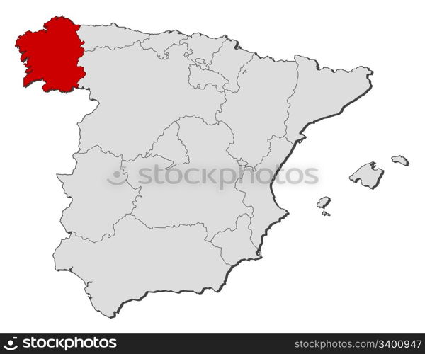 Map of Spain, Galicia highlighted. Political map of Spain with the several regions where Galicia is highlighted.