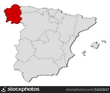 Map of Spain, Galicia highlighted. Political map of Spain with the several regions where Galicia is highlighted.