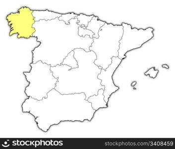 Map of Spain, Galicia highlighted. Political map of Spain with the several regions where Galicia is highlighted.