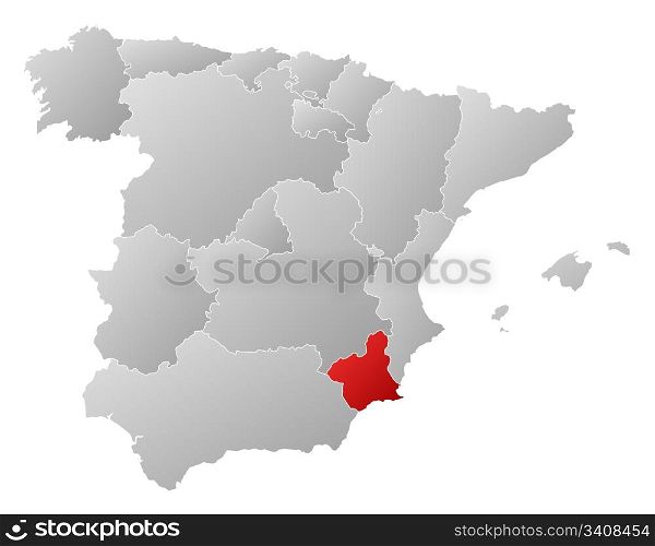 Map of Spain, Murcia highlighted. Political map of Spain with the several regions where Murcia is highlighted.