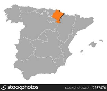 Map of Spain, Navarre highlighted. Political map of Spain with the several regions where Navarre is highlighted.
