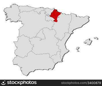 Map of Spain, Navarre highlighted. Political map of Spain with the several regions where Navarre is highlighted.