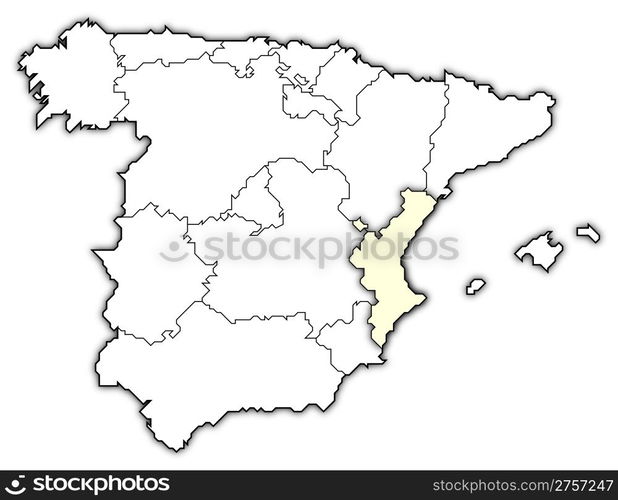 Map of Spain, Valencian Community highlighted. Political map of Spain with the several regions where the Valencian Community is highlighted.