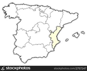 Map of Spain, Valencian Community highlighted. Political map of Spain with the several regions where the Valencian Community is highlighted.
