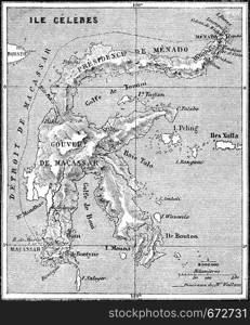Map of Sulawesi island, vintage engraved illustration. Le Tour du Monde, Travel Journal, (1872).