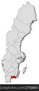 Map of Sweden, Blekinge County highlighted. Political map of Sweden with the several provinces where Blekinge County is highlighted.