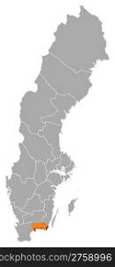 Map of Sweden, Blekinge County highlighted. Political map of Sweden with the several provinces where Blekinge County is highlighted.