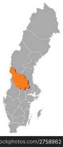 Map of Sweden, Dalarna County highlighted. Political map of Sweden with the several provinces where Dalarna County is highlighted.