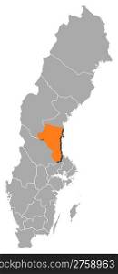 Map of Sweden, Gavleborg County highlighted. Political map of Sweden with the several provinces where Gavleborg County is highlighted.