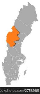 Map of Sweden, Jamtland County highlighted. Political map of Sweden with the several provinces where Jamtland County is highlighted.