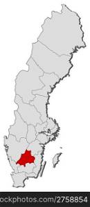 Map of Sweden, Jonkoping County highlighted. Political map of Sweden with the several provinces where Jonkoping County is highlighted.