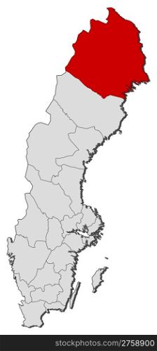 Map of Sweden, Norrbotten County highlighted. Political map of Sweden with the several provinces where Norrbotten County is highlighted.
