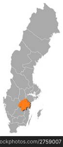 Map of Sweden, Ostergotland County highlighted. Political map of Sweden with the several provinces where Ostergotland County is highlighted.
