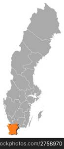 Map of Sweden, Skane County highlighted. Political map of Sweden with the several provinces where Skane County is highlighted.