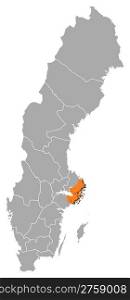 Map of Sweden, Stockholm County highlighted. Political map of Sweden with the several provinces where Stockholm County is highlighted.
