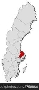 Map of Sweden, Uppsala County highlighted. Political map of Sweden with the several provinces where Uppsala County is highlighted.