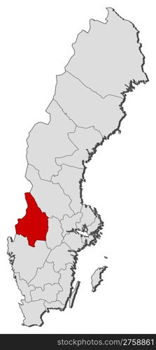 Map of Sweden, Varmland County highlighted. Political map of Sweden with the several provinces where Varmland County is highlighted.