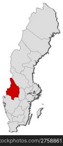 Map of Sweden, Varmland County highlighted. Political map of Sweden with the several provinces where Varmland County is highlighted.