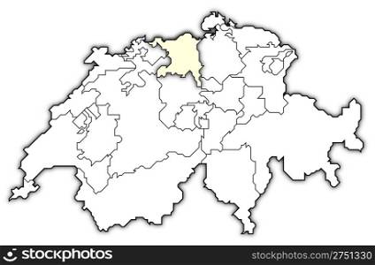 Map of Swizerland, Aargau highlighted. Political map of Swizerland with the several cantons where Aargau is highlighted.