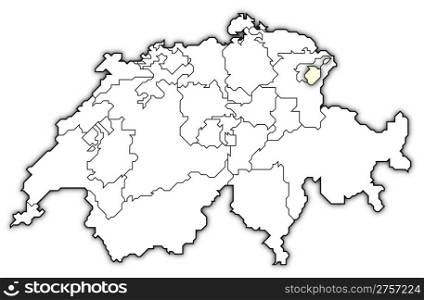 Map of Swizerland, Appenzell Innerrhoden highlighted. Political map of Swizerland with the several cantons where Appenzell Innerrhoden is highlighted.