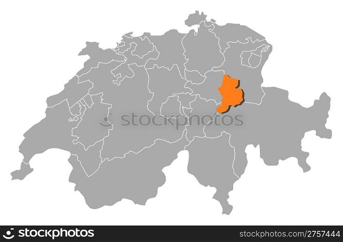 Map of Swizerland, Glarus highlighted. Political map of Swizerland with the several cantons where Glarus is highlighted.