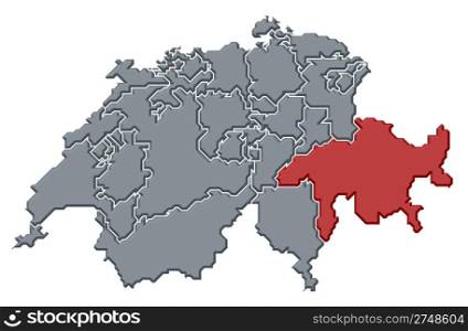 Map of Swizerland, Graubunden highlighted. Political map of Swizerland with the several cantons where Graubunden is highlighted.