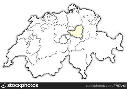 Map of Swizerland, Schwyz highlighted. Political map of Swizerland with the several cantons where Schwyz is highlighted.