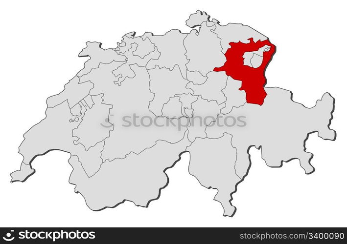 Map of Swizerland, St. Gallen highlighted. Political map of Swizerland ...