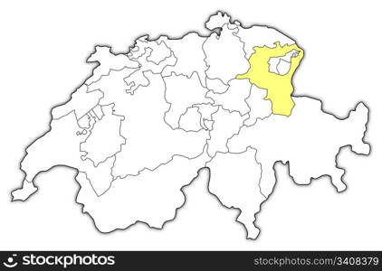 Map of Swizerland, St. Gallen highlighted. Political map of Swizerland with the several cantons where St. Gallen is highlighted.