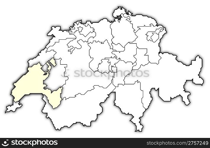 Map of Swizerland, Vaud highlighted. Political map of Swizerland with the several cantons where Vaud is highlighted.