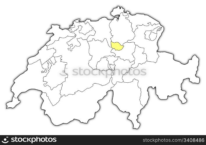 Map of Swizerland, Zug highlighted. Political map of Swizerland with the several cantons where Zug is highlighted.