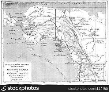 Map of Territory of Alaska and British America, vintage engraved illustration. Journal des Voyage, Travel Journal, (1880-81).