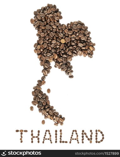 Map of Thailand made of roasted coffee beans isolated on white background. World of coffee conceptual image.. Map of Thailand made of roasted coffee beans isolated on white background.