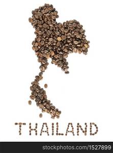 Map of Thailand made of roasted coffee beans isolated on white background. World of coffee conceptual image.. Map of Thailand made of roasted coffee beans isolated on white background.