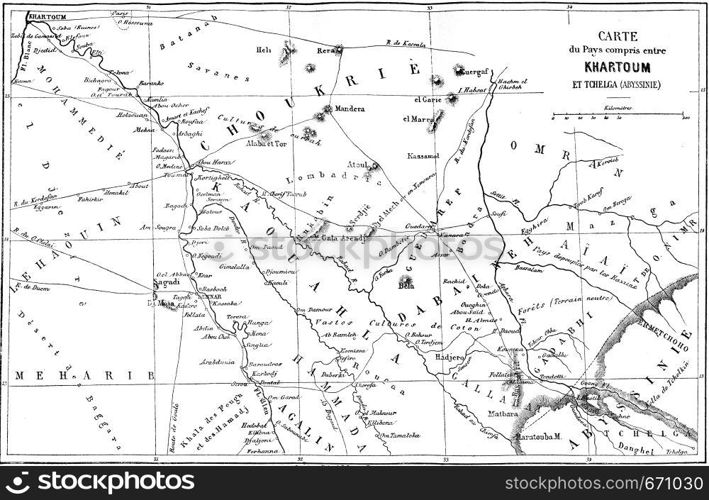 Map of the Country between Khartoum and Tchelga, vintage engraved illustration. Le Tour du Monde, Travel Journal, (1865).