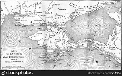 Map of the Crimea, vintage engraved illustration. Magasin Pittoresque 1855.