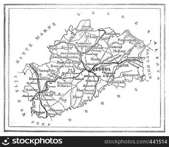 Map of the department of Haute-Saone, vintage engraved illustration. Journal des Voyage, Travel Journal, (1880-81).