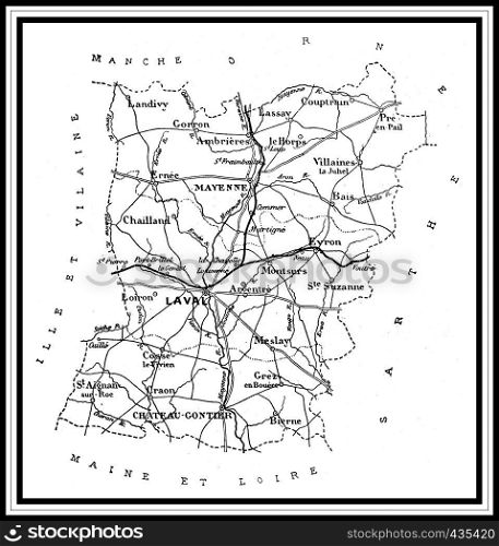 Map of the department of Mayenne, vintage engraved illustration. Journal des Voyages, Travel Journal, (1879-80).