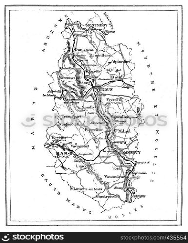 Map of the department of Meuse, vintage engraved illustration. Journal des Voyage, Travel Journal, (1879-80).