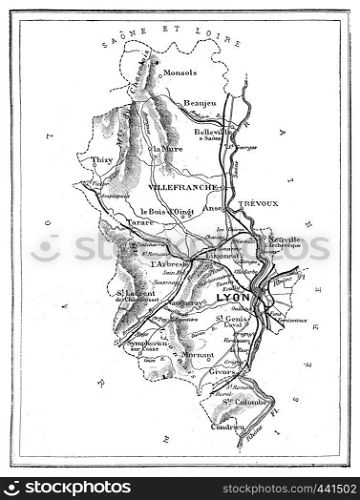 Map of the department of Rhone, vintage engraved illustration. Journal des Voyage, Travel Journal, (1880-81).