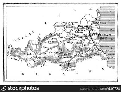 Map of the department of the Eastern Pyrenees, vintage engraved illustration. Journal des Voyage, Travel Journal, (1880-81).