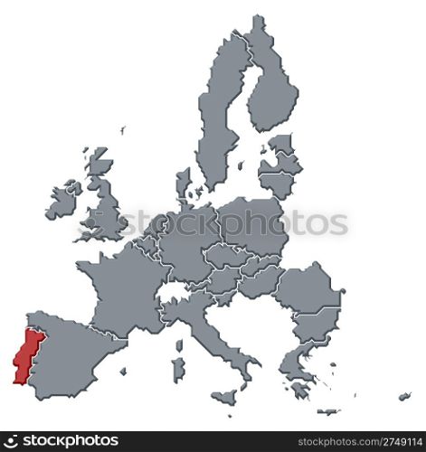 Map of the European Union, Portugal highlighted. Political map of the European Union with the several states where Portugal is highlighted.