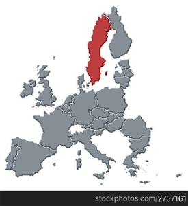 Map of the European Union, Sweden highlighted. Political map of the European Union with the several states where Sweden is highlighted.