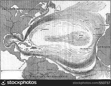 Map of the Gulf Stream, vintage engraved illustration. Magasin Pittoresque 1867.