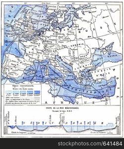 Map of the Mediterranean Sea and Other Waters of Europe, vintage engraved illustration. Dictionary of Words and Things - Larive and Fleury - 1895