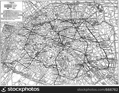 Map of the Metropolitan of Paris, vintage engraved illustration. Industrial encyclopedia E.-O. Lami - 1875.