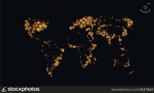 Map of the night earth. Graphic concept of global, planetary continents: Asia, Australia, Africa, America, with luminous night communications. Abstract design of the world in the dark.. Map of the night earth. Graphic concept of global, planetary continents