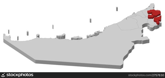 Map of the United Arab Emirates, Fujairah highlighted. Political map of the United Arab Emirates with the several emirates where Fujairah is highlighted.